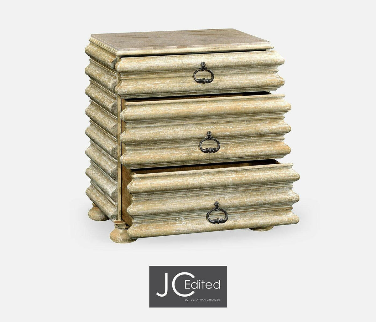 Jonathan Charles Bedside Chest of Drawers Eclectic with Marble Top - Limed Acacia.