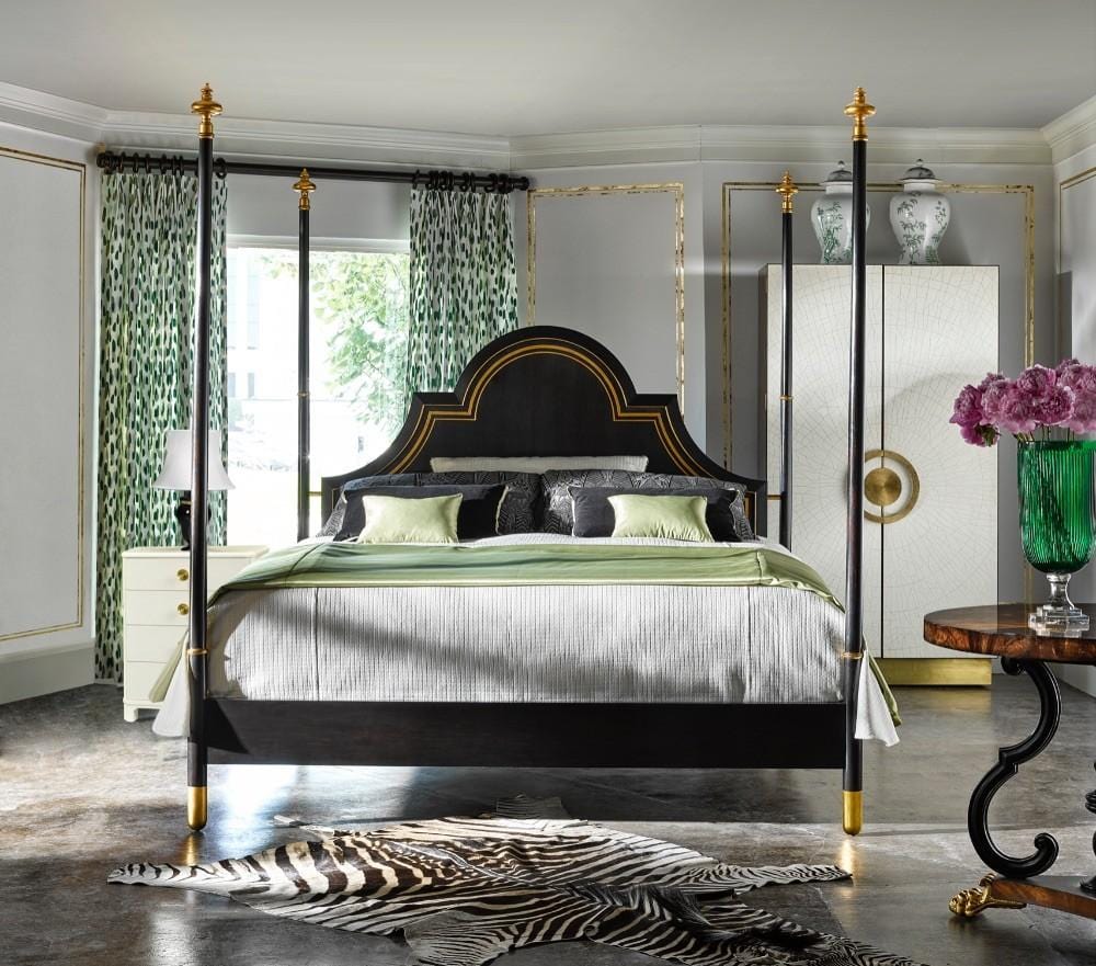 Jonathan Charles Four Poster Ebonised & Gilded Uk Super King Bed Upholstered in Shambala F400.