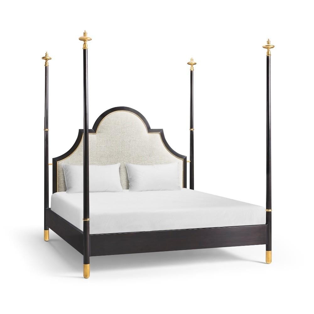 Jonathan Charles Four Poster Ebonised & Gilded Uk Super King Bed Upholstered in Shambala F400.
