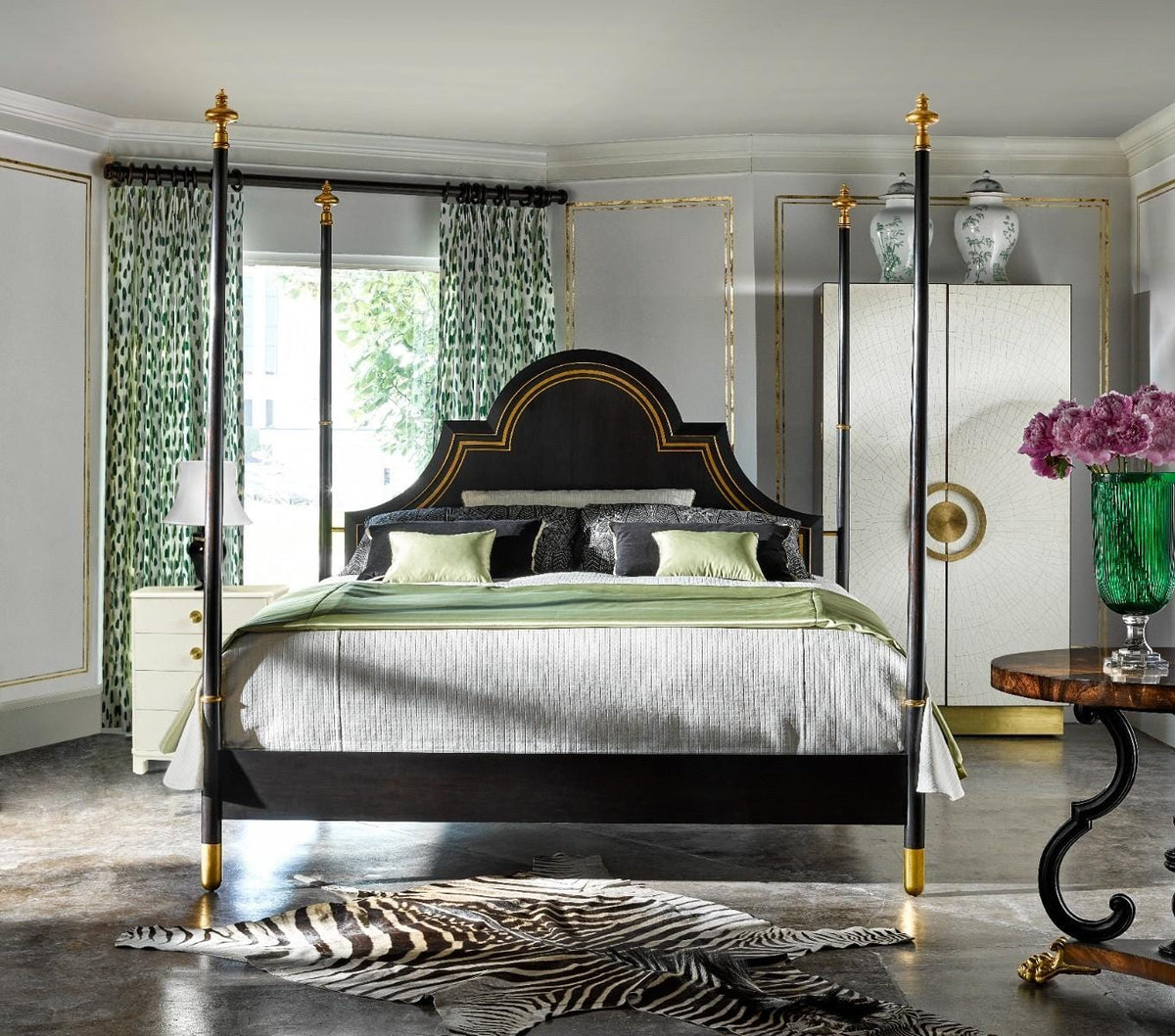Jonathan Charles Four Poster Ebonised & Silver-leaf Uk King Bed.