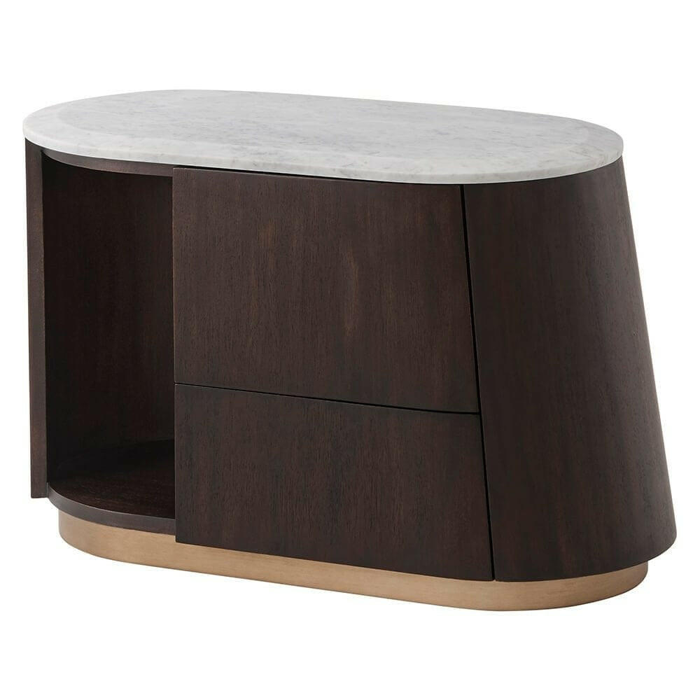 Theodore Alexander Oblique Right Bedside Cabinet in Veneer & Carrara.