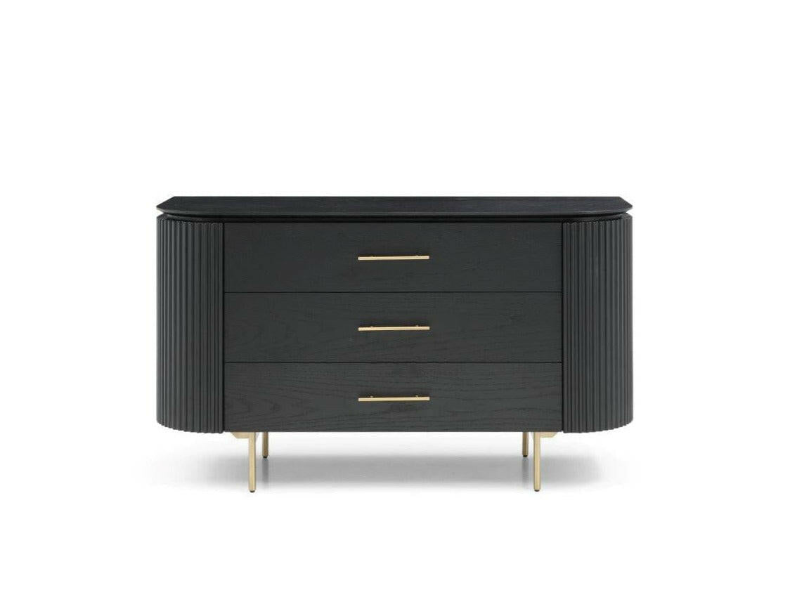 Lantine 3 Drawer Dresser - Black Oak & Brass.
