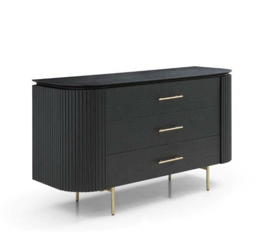 Lantine 3 Drawer Dresser - Black Oak & Brass.