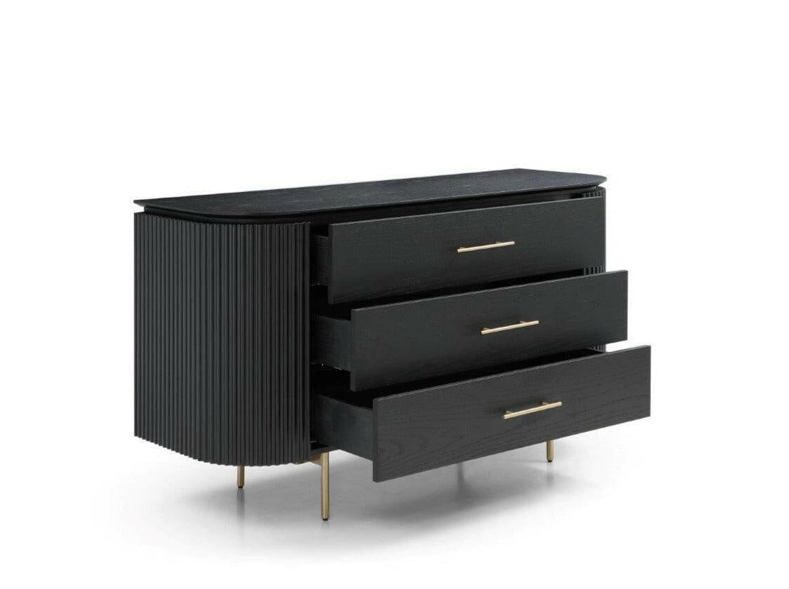 Lantine 3 Drawer Dresser - Black Oak & Brass.
