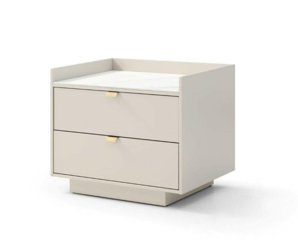 Saviour Bedside Table - White Ceramic Marble & Beige.