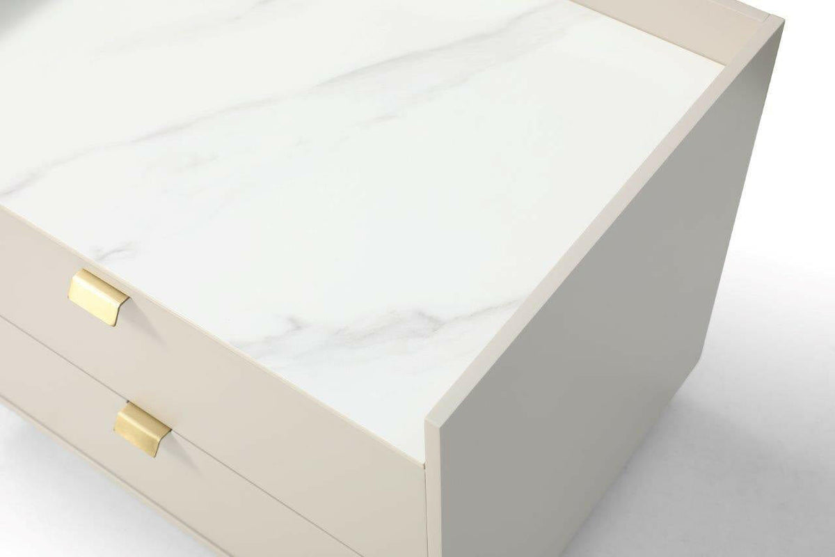 Saviour Bedside Table - White Ceramic Marble & Beige.