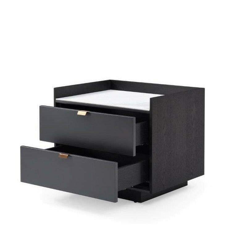 Saviour Bedside Table - White Marble & Anthracite/Grey Wash Oak.