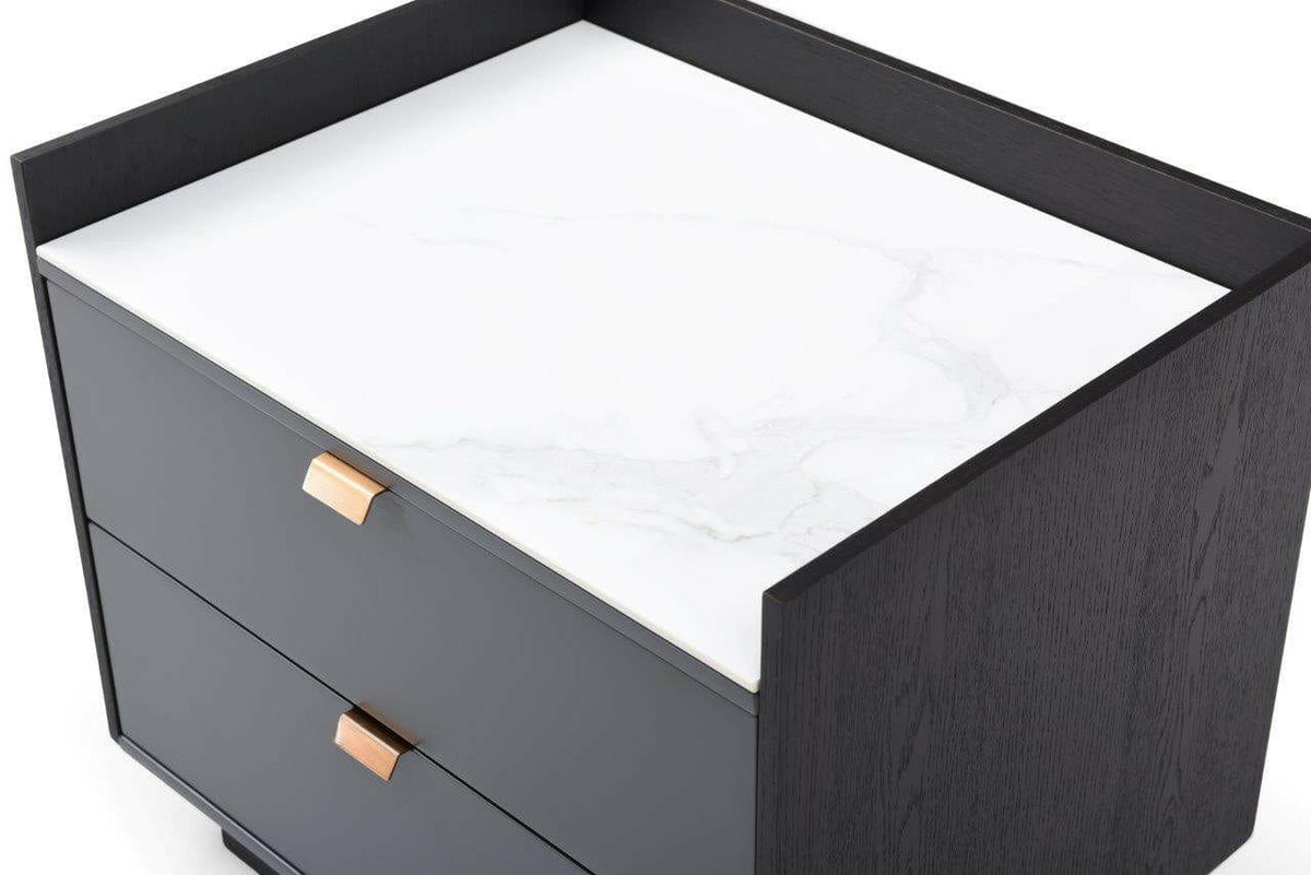 Saviour Bedside Table - White Marble & Anthracite/Grey Wash Oak.